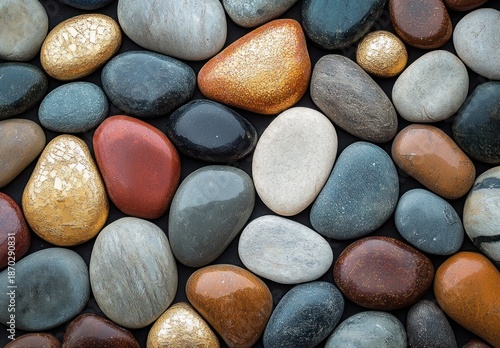 Close-up of smooth glossy multicolored pebbles with metallic gold accents arranged in a calm, soothing, meditative pattern