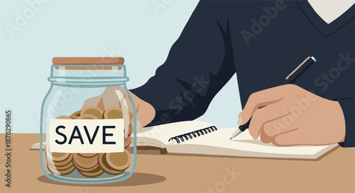 Illustration of a person writing in a notebook next to a jar filled with coins labeled SAVE, representing financial planning and saving money