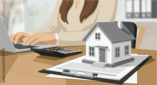 Real estate transaction and property management, a person working on a laptop with a calculator and a model house on a desk