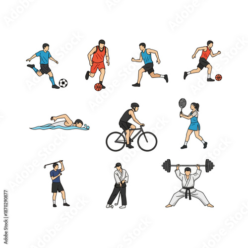Illustrated set of diverse individuals actively participating in various athletic sports and recreational activities.