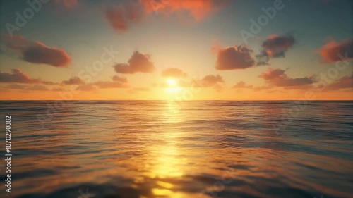 Tranquil Ocean Waves Reflecting a Vibrant Sunset with Clouds