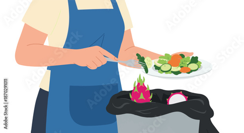 Responsible Kitchen Waste Management Person Discarding Organic Food Scraps into a Bin, Highlighting Eco-Friendly Disposal and Clean-Up Habits at Home