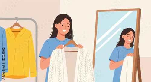 Young woman holding up a knitted sweater in front of a mirror, deciding what to wear