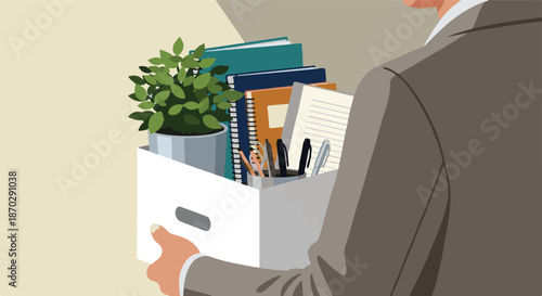Illustration of an employee walking away, carrying a box of personal belongings, signifying the end of their employment, a career transition, or being laid off from a job