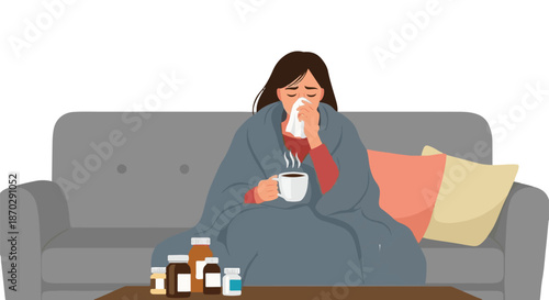 Woman with cold symptoms rests on sofa, wrapped in blanket, with mug and medicine. Illustrates self-care during flu season or common illness recovery