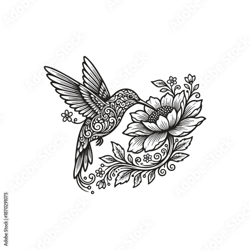 Artistic hummingbird illustration in flight sipping nectar from a large flower, featuring intricate floral patterns, blooming flowers, and botanical leaf scrolls across its body and wings