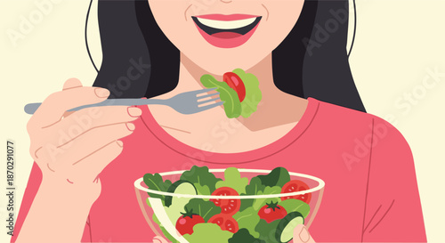 Woman happily eating a fresh and healthy salad from a glass bowl with a fork, promoting healthy eating habits
