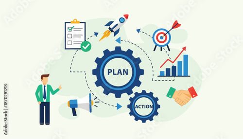 Strategic business development and project management workflow illustration with planning, action, goals, and growth.
