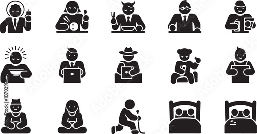 Black and white icons of people at work