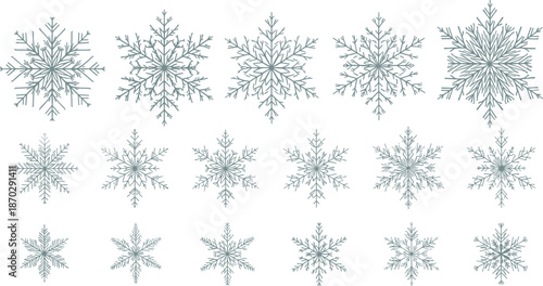 Detailed Hand Drawn Snowflake Vector Collection Featuring Various Symmetrical Winter Crystal Shapes and Festive Frozen Ice Ornaments for Seasonal Design.