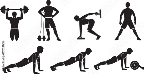 Fitness icons of people exercising with weights and equipment