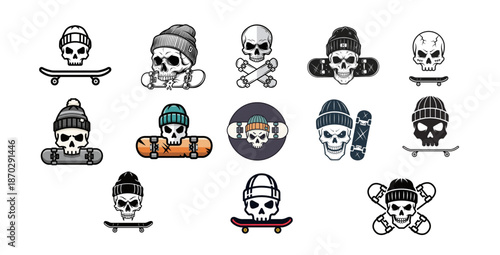 A collection of skull skateboard vector icons featuring beanie hats and urban street skate style. Clean line art and flat illustration design suitable for logos, apparel, stickers, posters, branding, 