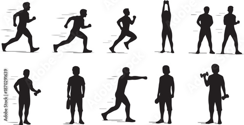 Silhouette of a man exercising in various poses