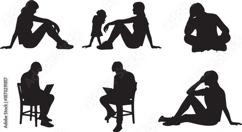 Silhouettes of people in various sitting positions and poses