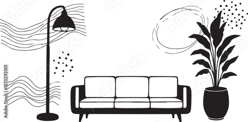 Minimalist living room with sofa and plant illustration