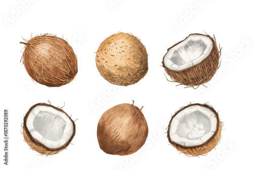 Watercolor vector of a set of coconuts, isolated on a white background. Coconut illustration.