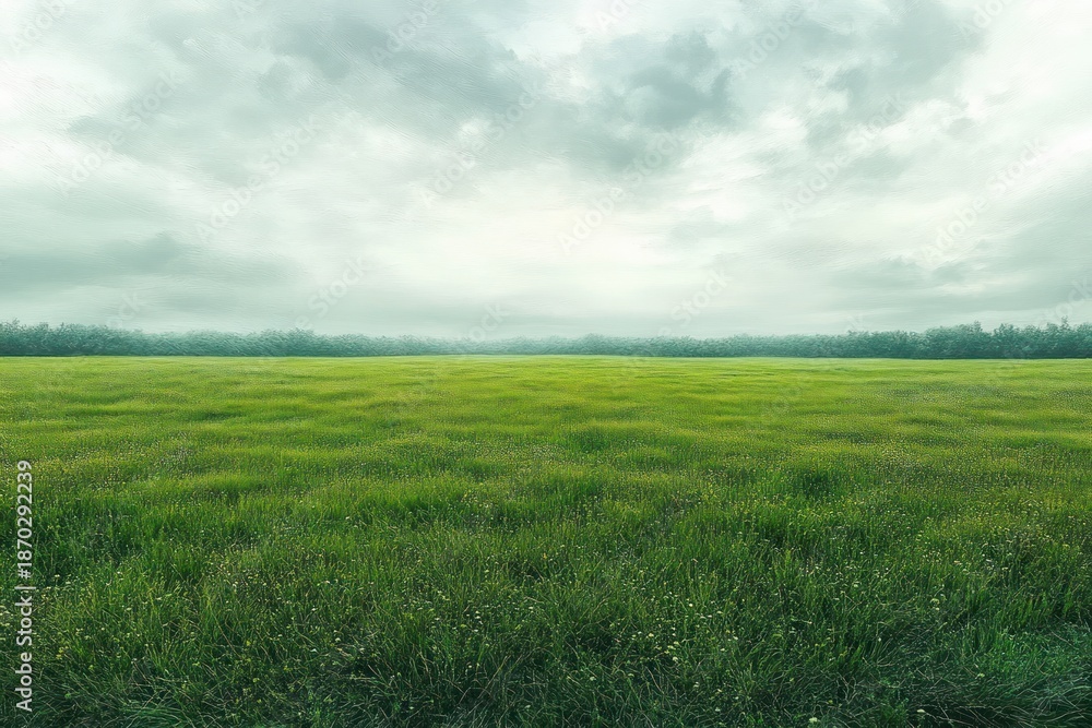 Fototapeta premium expansive green grassy meadow stretching to a distant tree line beneath a dramatic cloudy sky, evoking calm peaceful solitude