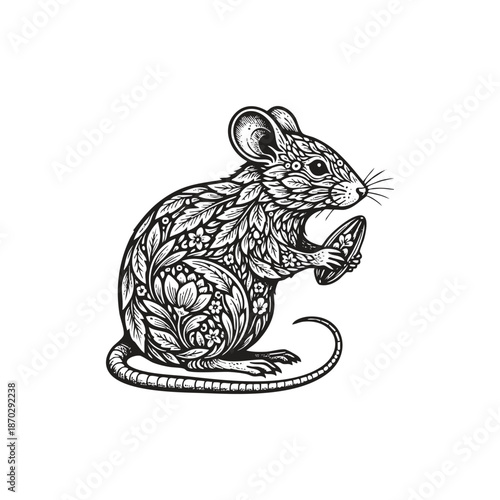 Ornamental mouse illustration with intricate floral patterns and leaf details, decorative rodent holding a seed vector isolated on white background.