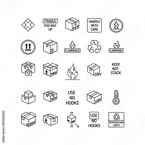 A collection of outline icons for packaging and shipping instructions, illustrating handling warnings and logistics symbols.
