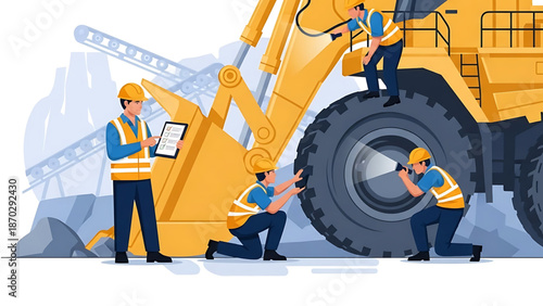 Construction professionals meticulously inspect and maintain a heavy yellow excavator, ensuring machine reliability and operational safety on a bustling work site