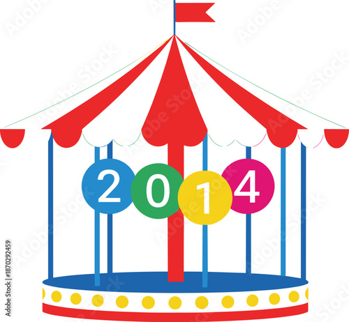 Colorful carousel illustration with 2014 year signage representing carnival celebration amusement park nostalgia childhood joy and festive vector design concept