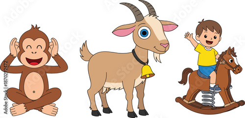 Cartoon, animal illustration set featuring monkey goat and rocking horse child toy for kids education nursery design background vector clipart