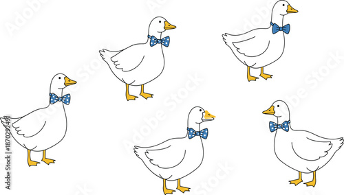 Cute white duck illustration wearing blue bow tie set representing farm animals, playful cartoon birds, children design, and cheerful vector art