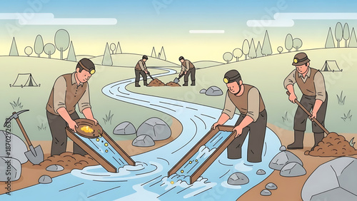 Diligent Gold Prospectors Panning for Precious Metal in a Winding River, Illustrating the Traditional Mining Process in a Natural Outdoor Setting with Tents