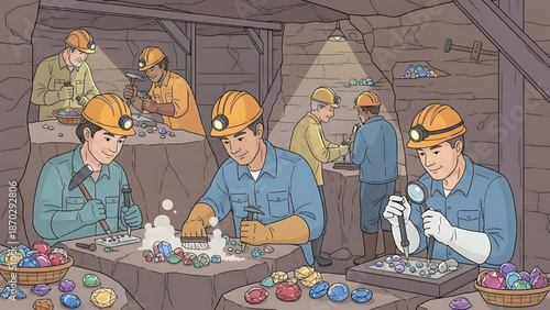 Miners in an underground mine extracting, cleaning, and inspecting colorful gemstones and precious minerals, depicting the detailed process of gem discovery and preparation