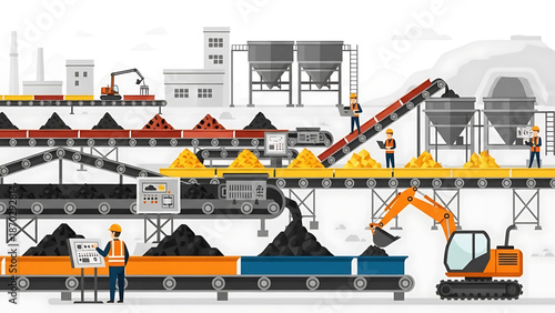Industrial mining and processing plant with conveyor belts and heavy machinery operating