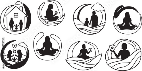 Family and meditation icons in black and white