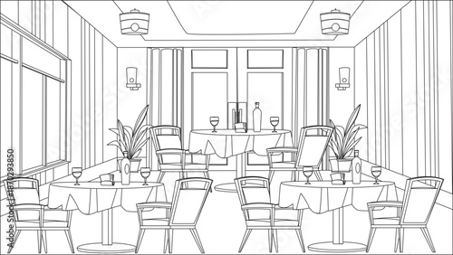 Hotel Dining Hall Coloring Pages for Adult Line Art Vector