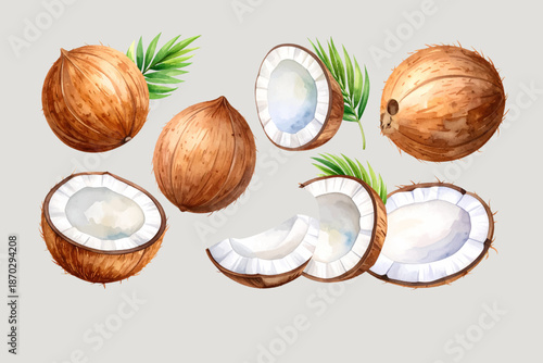 watercolor coconut and palm leaf. opened Coconut shell watercolor clipart illustratration