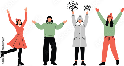 Happy group of diverse young people in warm winter clothes celebrating outdoor activities, ice skating, and holding decorative snowflakes illustration.