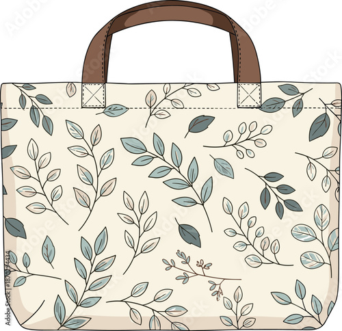 Hand drawn botanical pattern tote bag vector illustration with leaf sprigs and foliage on cream background for shopping and eco lifestyle