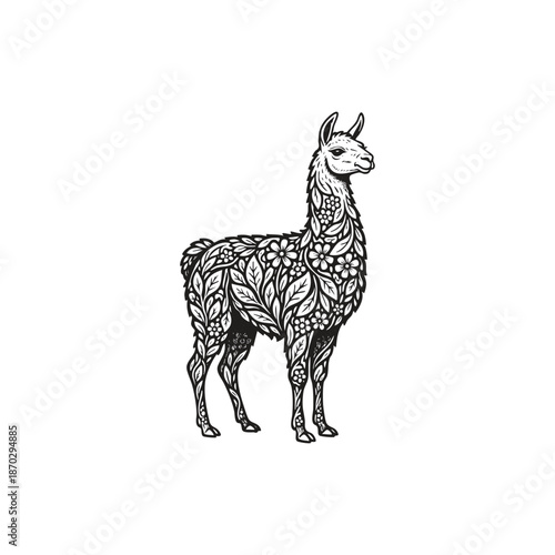 Artistic llama illustration in a standing side profile, featuring its neck and body intricately decorated with floral patterns, blooming flowers, and botanical leaf scrolls
