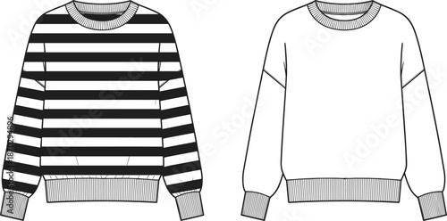Oversized Crewneck Sweatshirt Fashion Flat Vector Template Set with Striped and Plain Styles for Men and Women Apparel Tech Pack