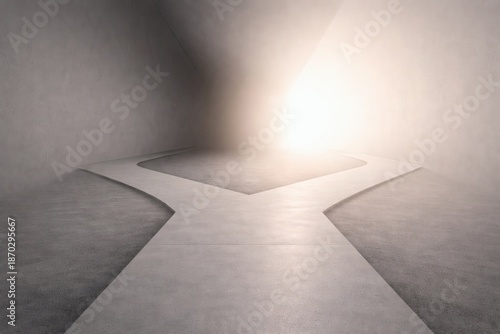 Minimalist abstract pathway leading toward bright light in modern architectural space