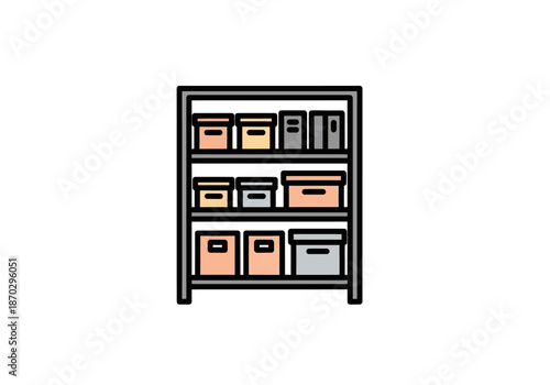Icon of a threeshelf storage unit filled with colored boxes and files