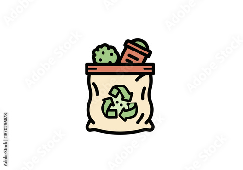 Line art icon of a lightcolored sack filled with garden trimmings and a recycling symbol