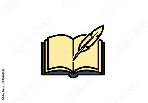 Open book with a feather quill pen resting on the right page