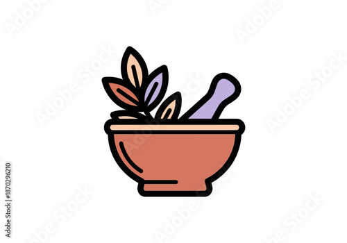 Stylized illustration of a mortar and pestle with herbs against a white background