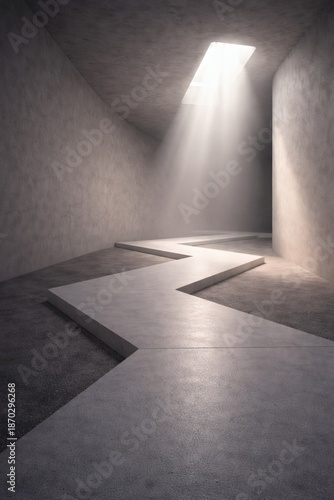 Minimalist abstract pathway leading toward bright light in modern architectural space