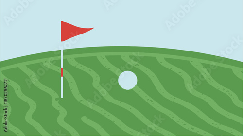 A simple illustration of a golf ball on a green putting course with a red flag marking the hole under a clear blue sky.