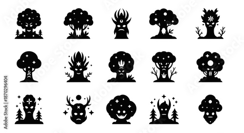 Enchanting mystical tree spirits and forest creatures with expressive faces and magical elements creating fantastical woodland scenes