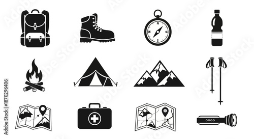 Essential camping and hiking gear icons for outdoor adventure planning, travel, and exploration, capturing the spirit of the wild.