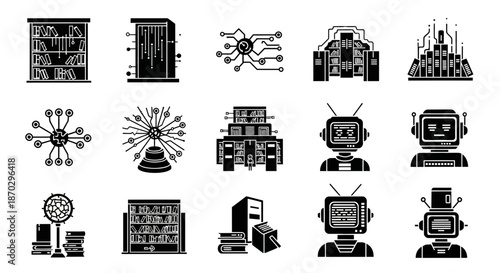 Captivating collection of modern library and AI robot icons symbolizing knowledge, data, and innovation for digital projects