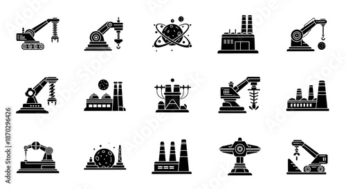 Dynamic collection of modern factory and robotic arm icons representing automation, manufacturing, and industrial innovation for your next project.