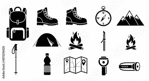 Essential outdoor adventure gear icons for camping, hiking, and exploration showcasing backpack, boots, tent, fire, compass, and more.
