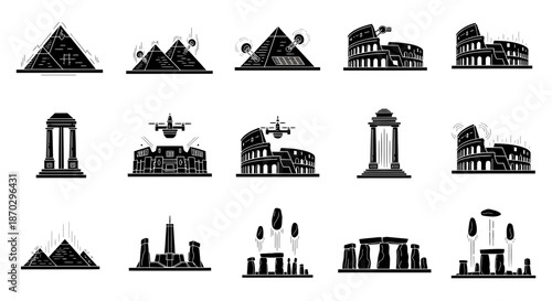 Iconic global landmarks and architectural wonders reimagined with modern technology and futuristic elements for diverse design projects